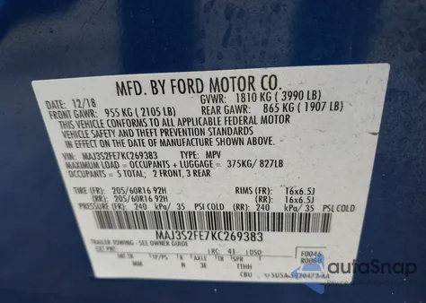 2019 Ford Ecosport S z USA, uszkodzony, nr VIN MAJ3S2FE7KC269383